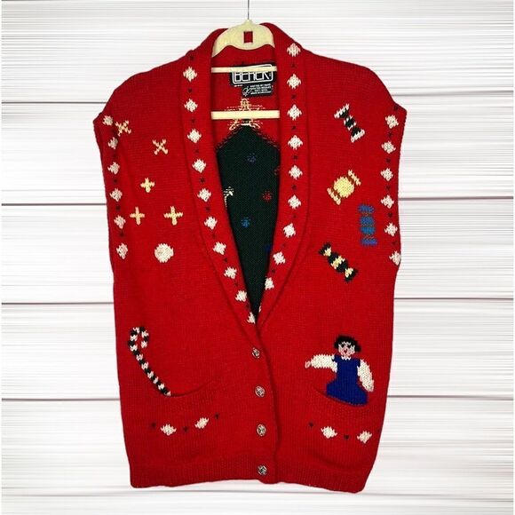 BEREK Vintage Hand Knit in Uruguay Christmas Holiday Red Wool Button Down Vest - Picture 2 of 15